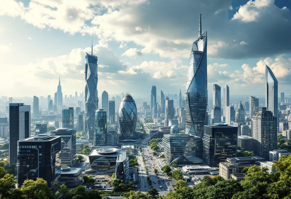 Immagine di una città futuristica con elementi sostenibili